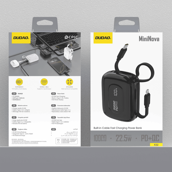 Powerbank Dudao K32 10000 mAh z wbudowanym kablem USB-C/Lightning - czarnypol