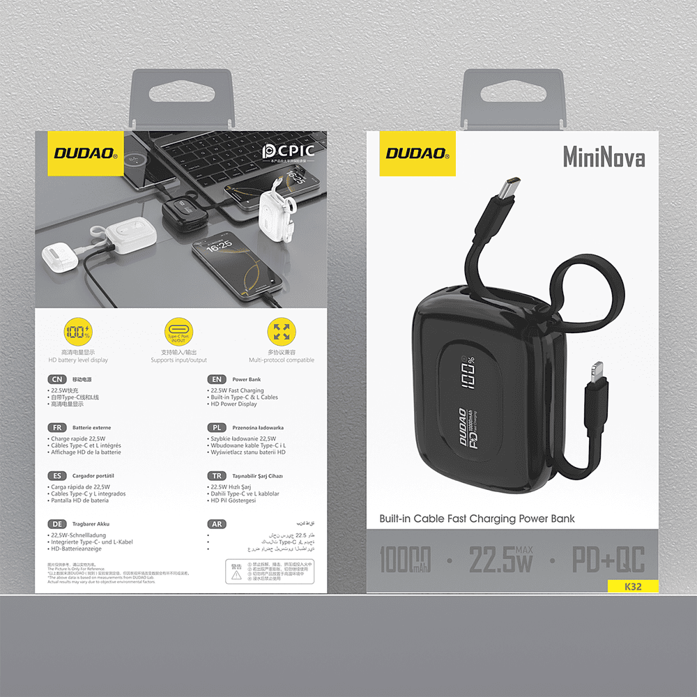 Powerbank Dudao K32 10000 mAh z wbudowanym kablem USB-C/Lightning - czarnypol