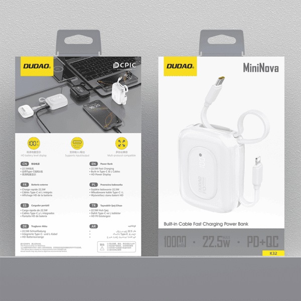 Powerbank Dudao K32 10000 mAh z wbudowanym kablem USB-C/Lightning - białypol
