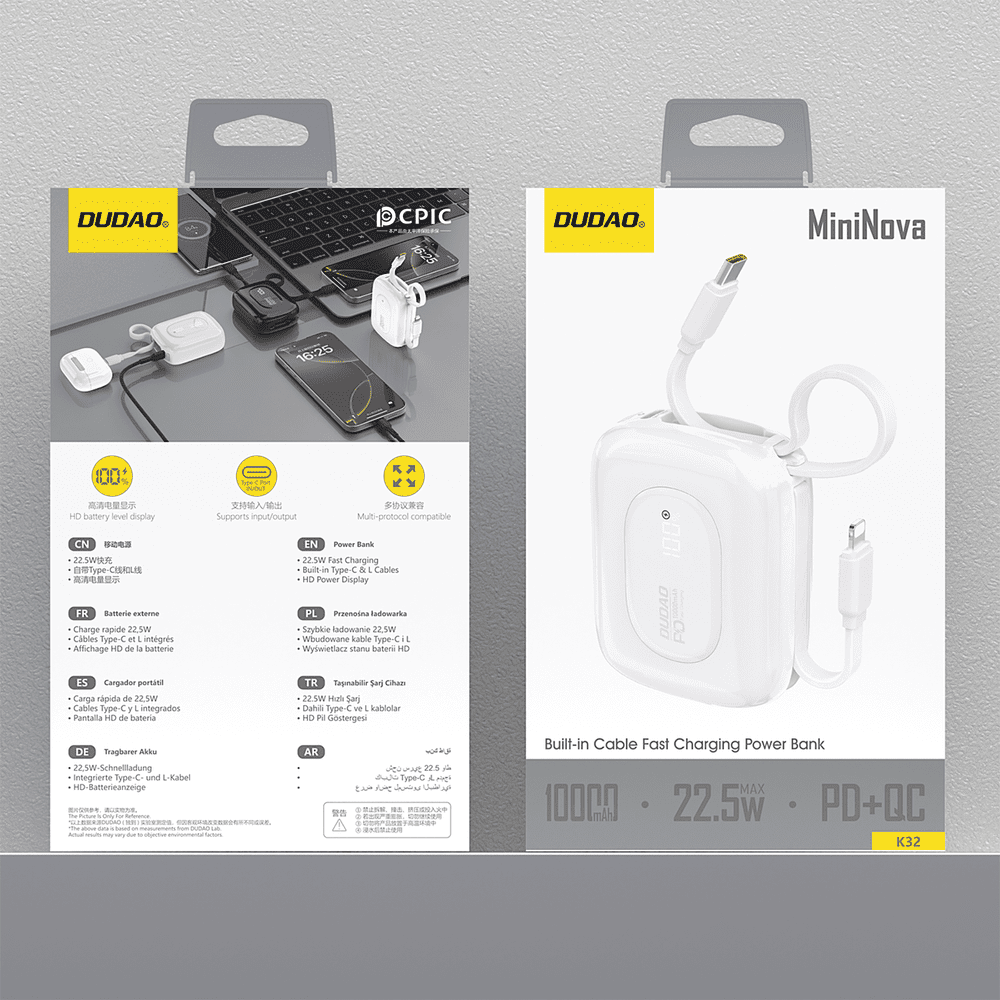 Powerbank Dudao K32 10000 mAh z wbudowanym kablem USB-C/Lightning - białypol