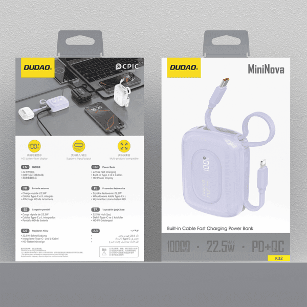 Powerbank Dudao K32 10000 mAh z wbudowanym kablem USB-C/Lightning - fioletowypol