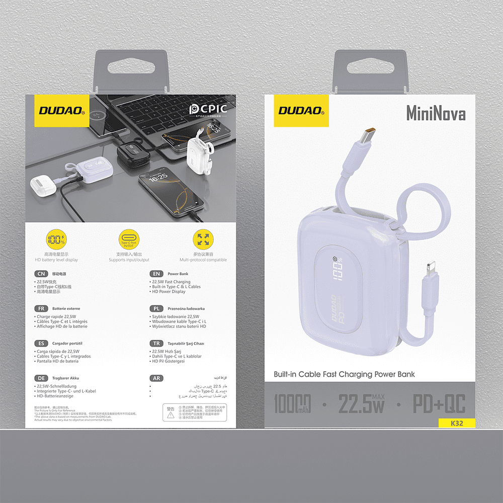 Powerbank Dudao K32 10000 mAh z wbudowanym kablem USB-C/Lightning - fioletowypol