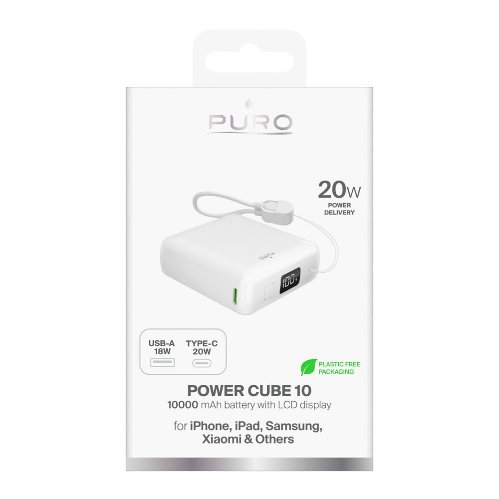 Puro 10000mAh 20W USB-C USB-A Power Bank with Display and Built-in USB-C Cable - Whiteeng
