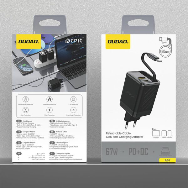 200622_1 Dudao A67EU GaN 67W Wall Charger with Built-in Retractable USB-C Power Delivery Quick Charge Cable - Blackeng