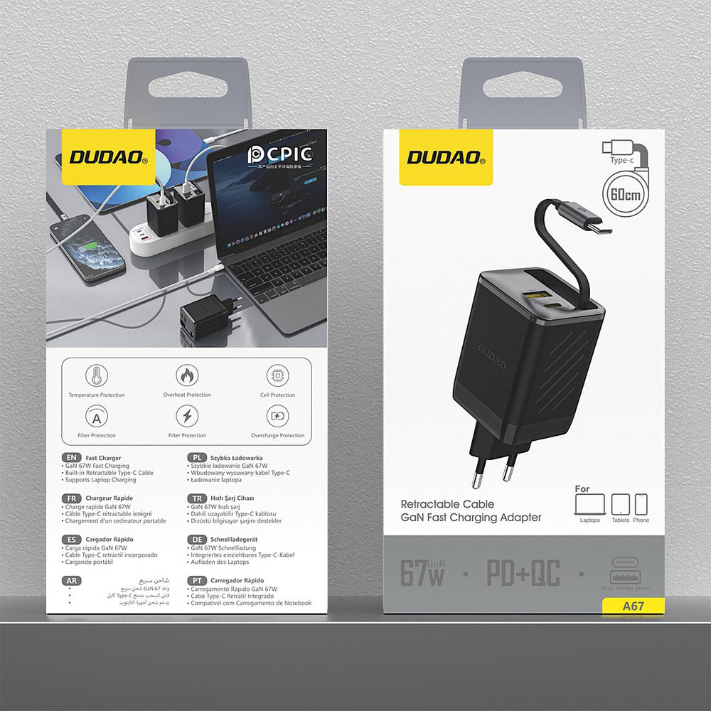 200622_1 Dudao A67EU GaN 67W Wall Charger with Built-in Retractable USB-C Power Delivery Quick Charge Cable - Blackeng