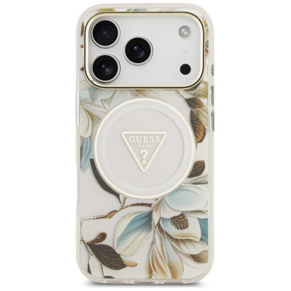 Guess IML Glitter Flowers Triangle MagSafe Case for iPhone 17 Pro - Whiteeng