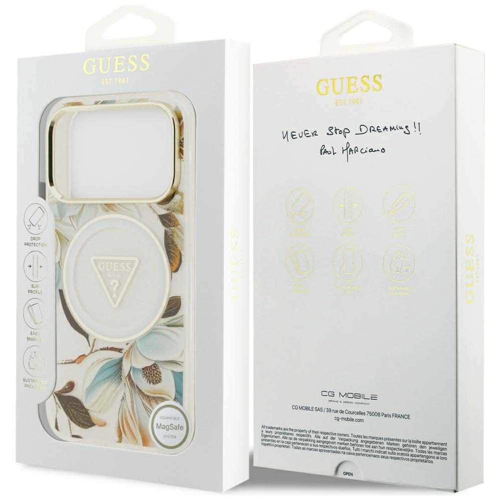 Guess IML Glitter Flowers Triangle MagSafe Case for iPhone 17 Pro - Whiteeng