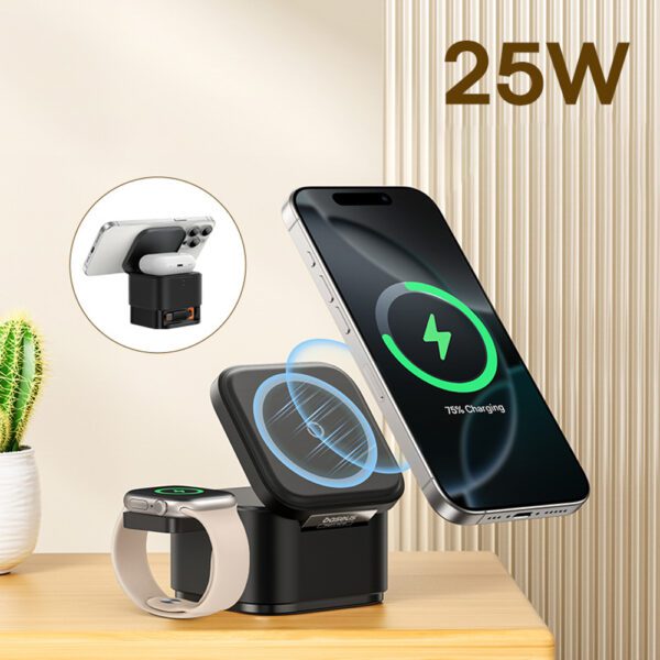 Baseus MagPro 3in1 25W MagSafe Compatible Inductive Charger for Phone and Smartwatch - Blackeng