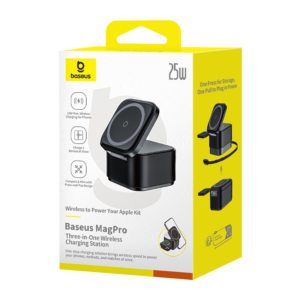 Baseus MagPro 3in1 25W MagSafe Compatible Inductive Charger for Phone and Smartwatch - Blackeng