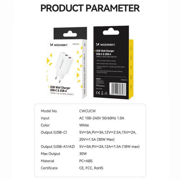Wozinsky CWCUCW 30W USB-C / 2 x USB-A Wall Charger - Whiteeng