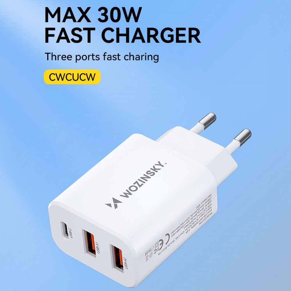 Wozinsky CWCUCW 30W USB-C / 2 x USB-A Wall Charger - Whiteeng