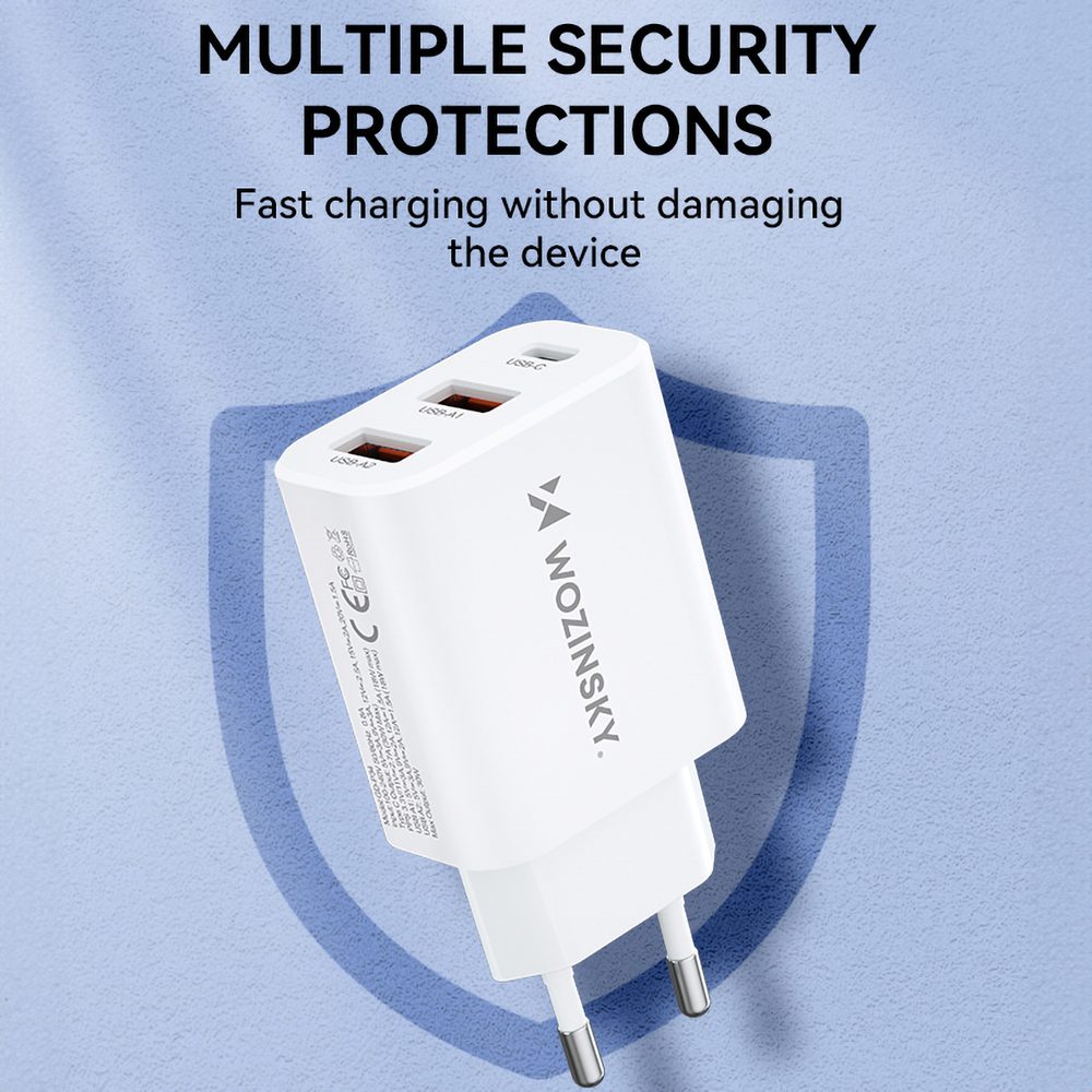 Wozinsky CWCUCW 30W USB-C / 2 x USB-A Wall Charger - Whiteeng