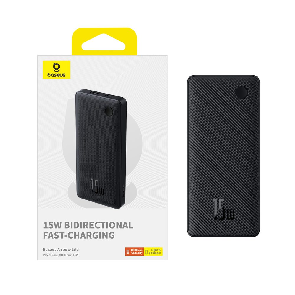 Powerbank Baseus Airpow Lite 10000mAh 15W z kablem Baseus Simple USB-C 30 cm - czarnypol