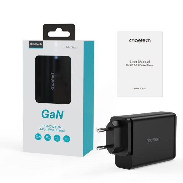 Choetech charger GaN 140W 4 ports (2x USB C, 2x USB) black (PD6005)eng