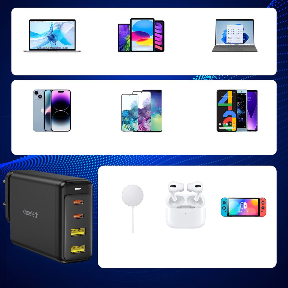 Choetech charger GaN 140W 4 ports (2x USB C, 2x USB) black (PD6005)eng