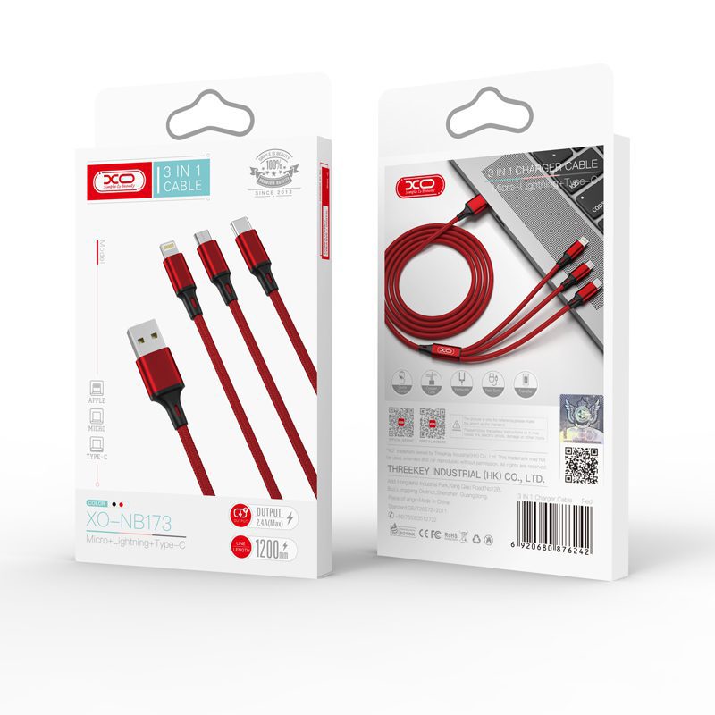 220001_oryg XO cable NB173 3in1 USB - Lightning + USB-C + microUSB 1,2 m 2,4A red