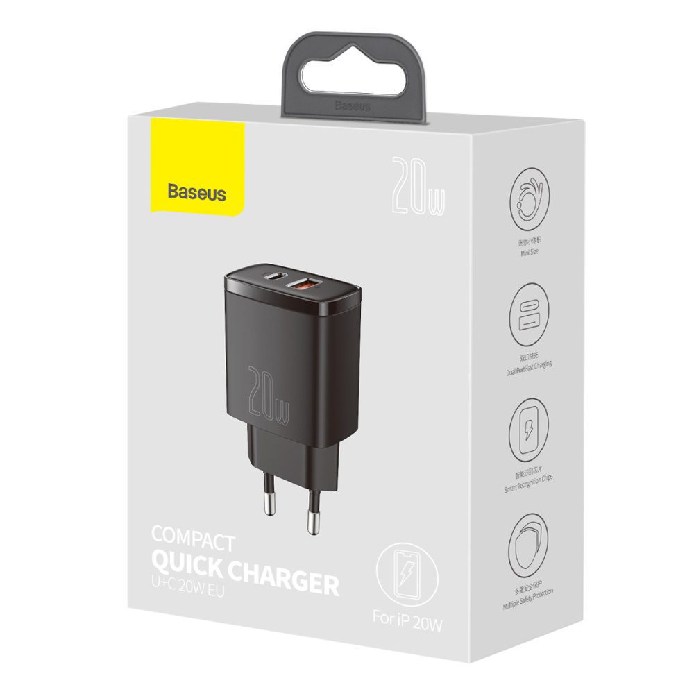 Baseus wall charger Compact PD 20W 1x USB-C 1x USB black