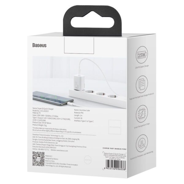 Baseus wall charger Super Si PD 25W 1x USBC white + USB-C - USB-C cable