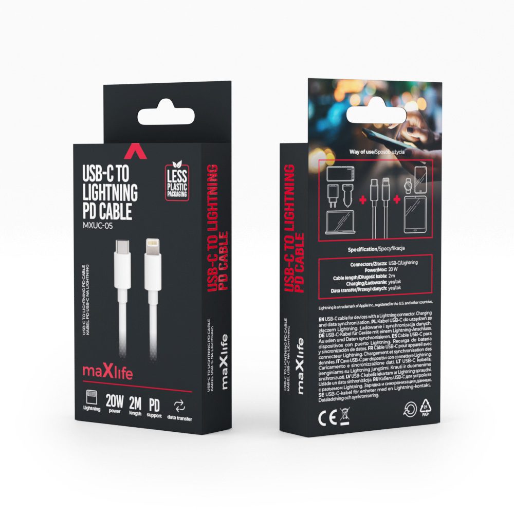 Maxlife MXUC-05 cable USB-C - Lightning 2,0 m 20W white