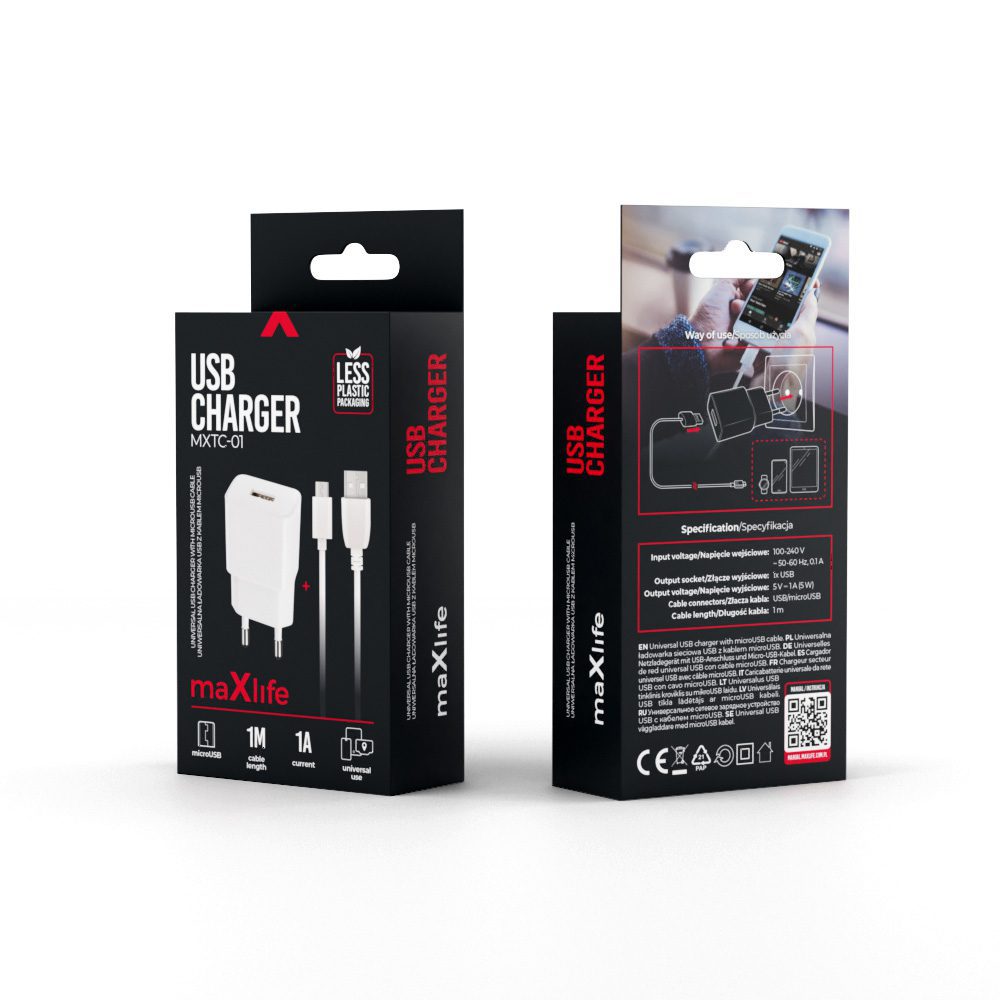 Maxlife MXTC-01 charger 1x USB 1A white + microUSB cable