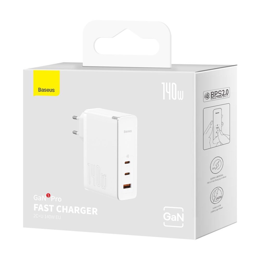 Baseus wall charger GaN5 Pro PD 140W 2x USB-C 1x USB white + USB-C - USB-C 240W cable