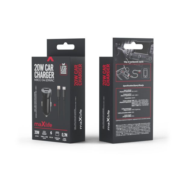 Maxlife MXCC-04 PD QC car charger 1x USB-C 1x USB 20W black + USB-C - Lightning cable 27W