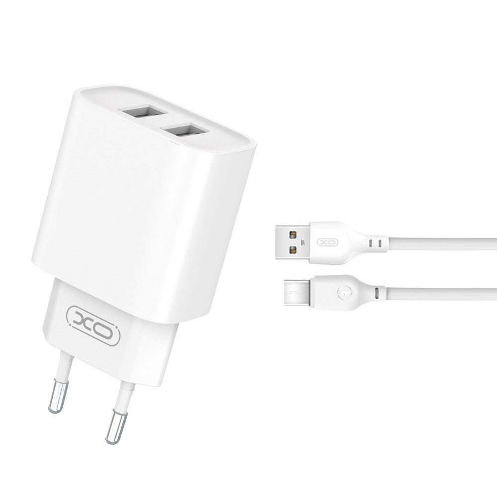 348901_oryg XO wall charger CE02C 2x USB 2,1A white + USB-C cable