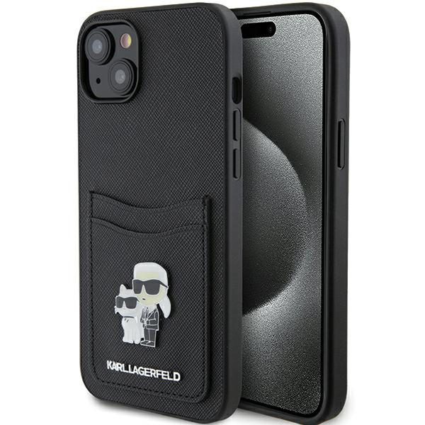 Karl Lagerfeld case for iPhone 15 6,1" KLHCP15SSAPKCNPK black hardcase Saffiano Cardslot Karl&Choupette Metal Pin