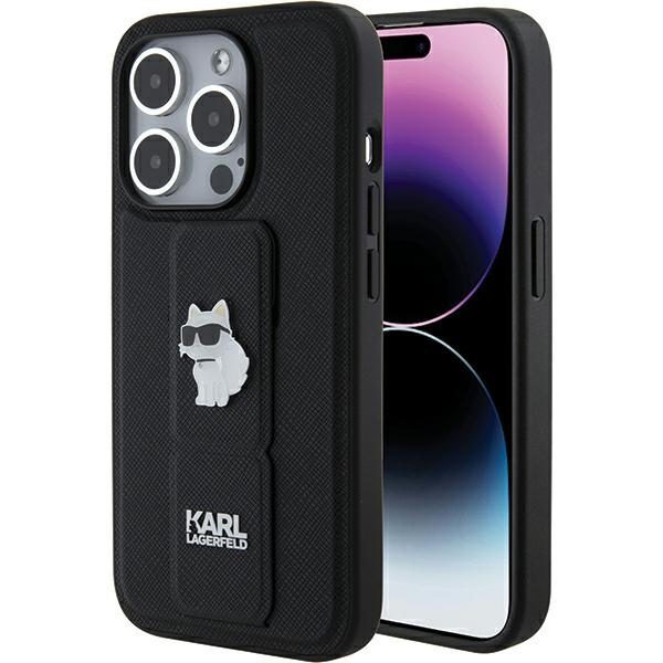 361364_oryg Karl Lagerfeld case for iPhone 15 Pro Max 6,7" KLHCP15XGSACHPK black GRIPSTAND SAFFIANO CHOUPETTE PINS