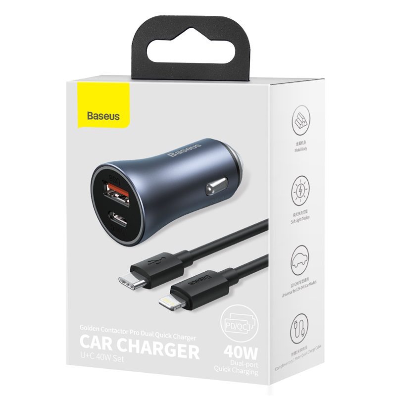 Baseus car charger Golden Contactor Pro 1x USB 1x USB-C QC 40W black + cable Lightning - USB-C