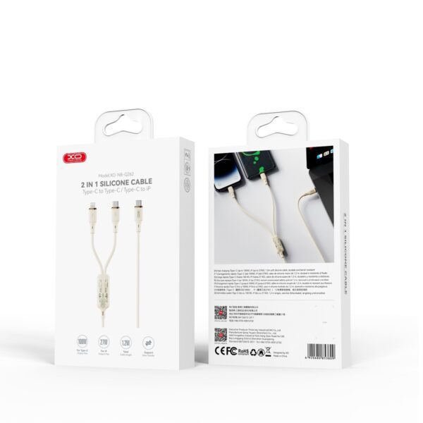 XO cable NB-Q262 2in1 PD USB-C - Lightning + USB-C 1,2m beige 60W