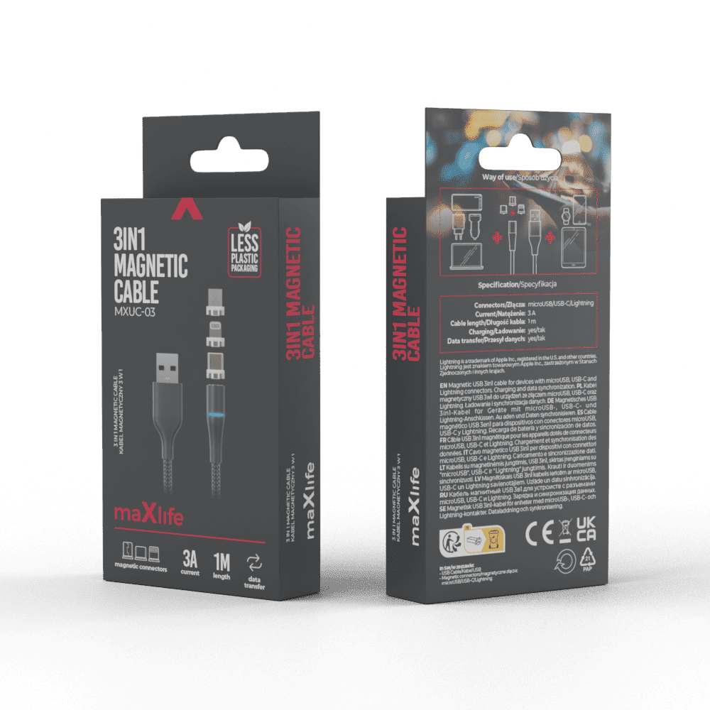Maxlife MXUC-03 magnetic cable USB - Lightning + USB-C + microUSB 1,0 m 3A black nylon