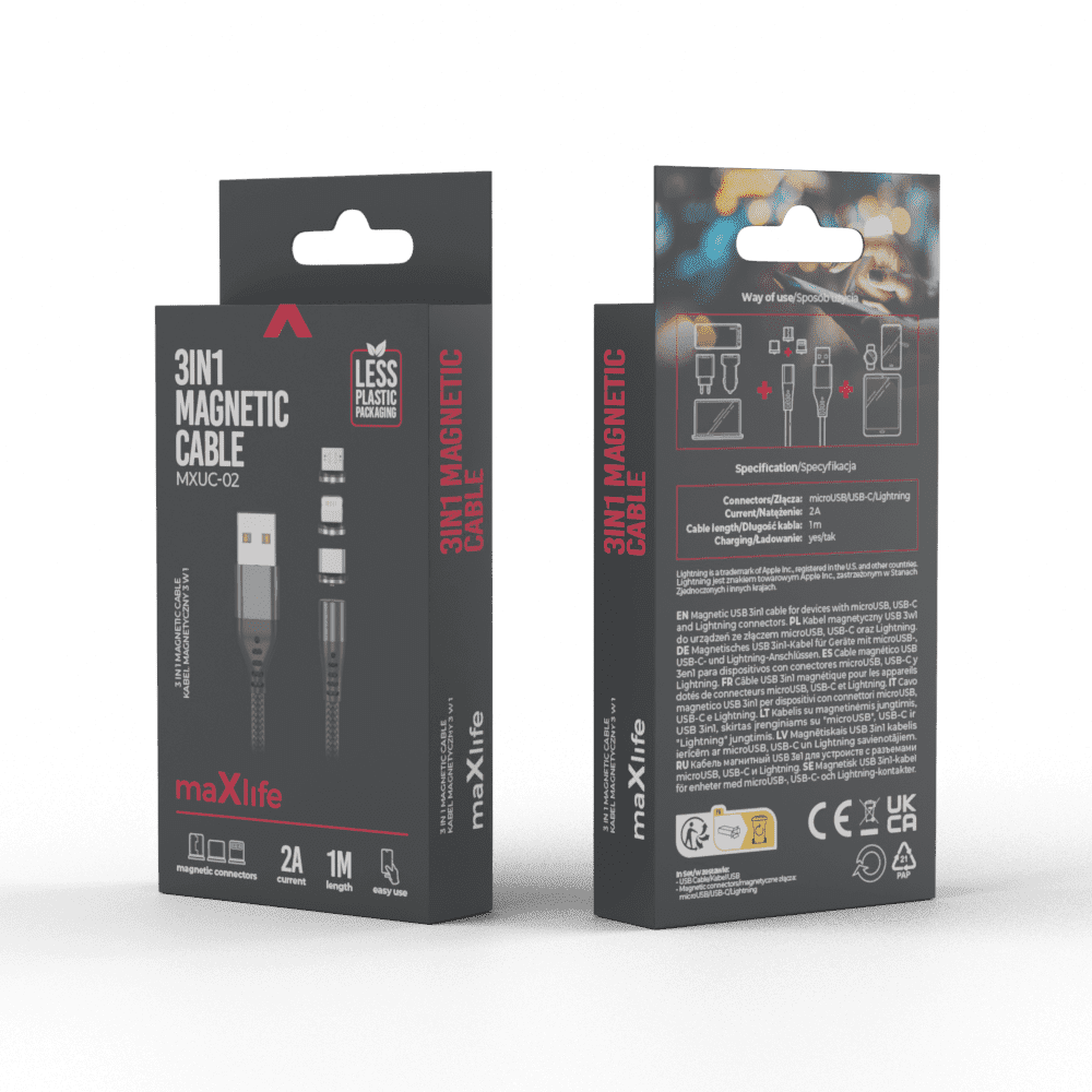 376322_oryg Maxlife MXUC-02 magnetic cable USB - Lightning + USB-C + microUSB 1,0 m 2A black nylon