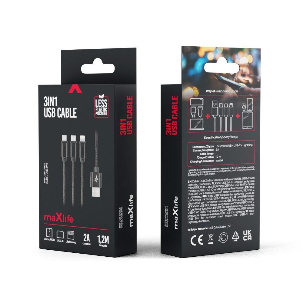 Maxlife 3in1 cable USB - Lightning + USB-C + microUSB 1,0 m 2,1A black nylon