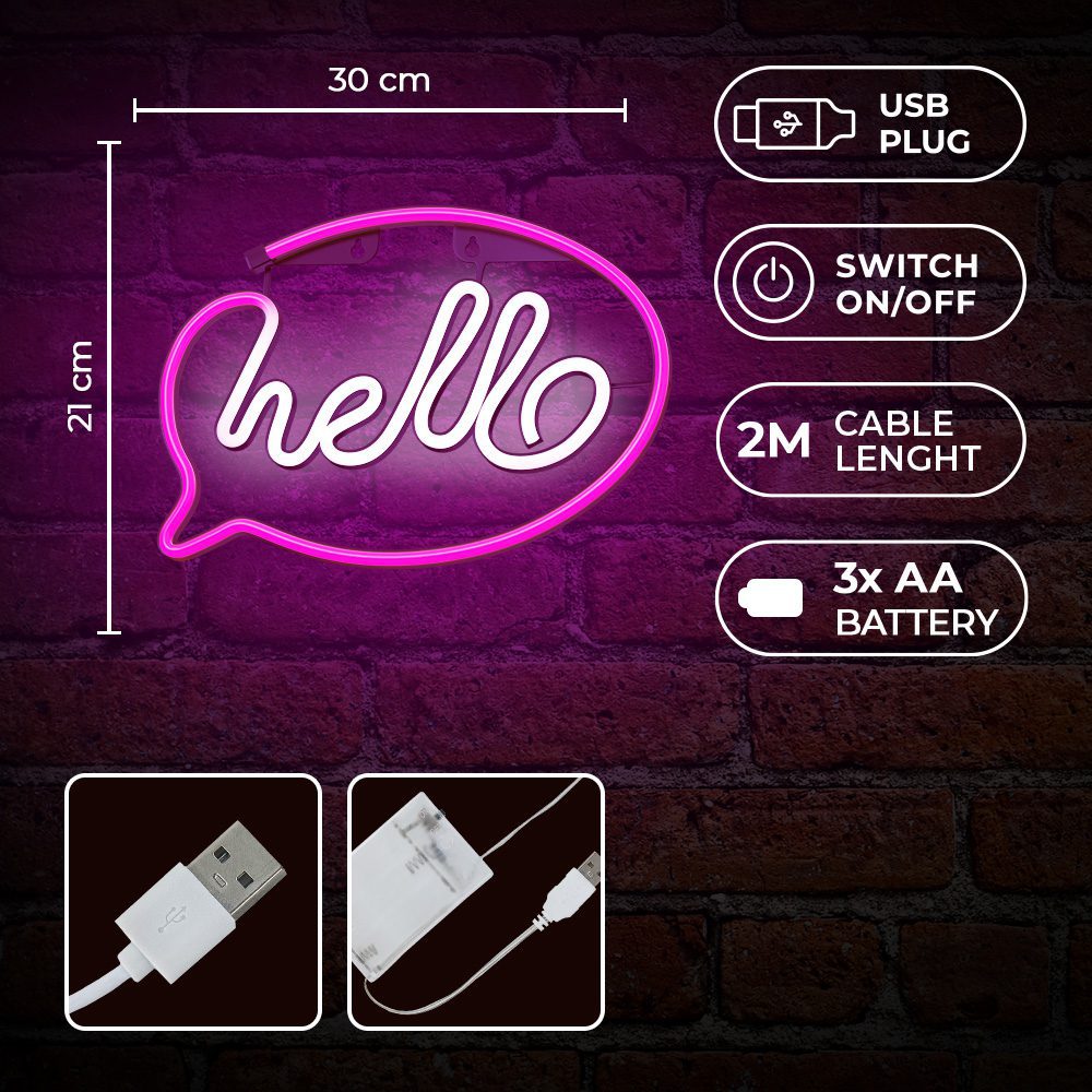 Neon LED Light HELLO pink white Bat + USB FLNE15 Forever Light