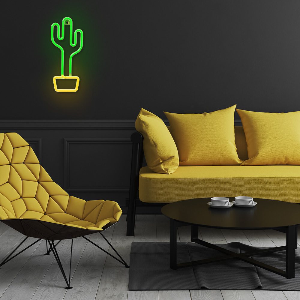 Interior of stylish living room with sofa and Mexican pinata decorated for Birthday party. Generative AI Neon LED Light CACTUS orange green Bat + USB FLNE02 Forever Light
