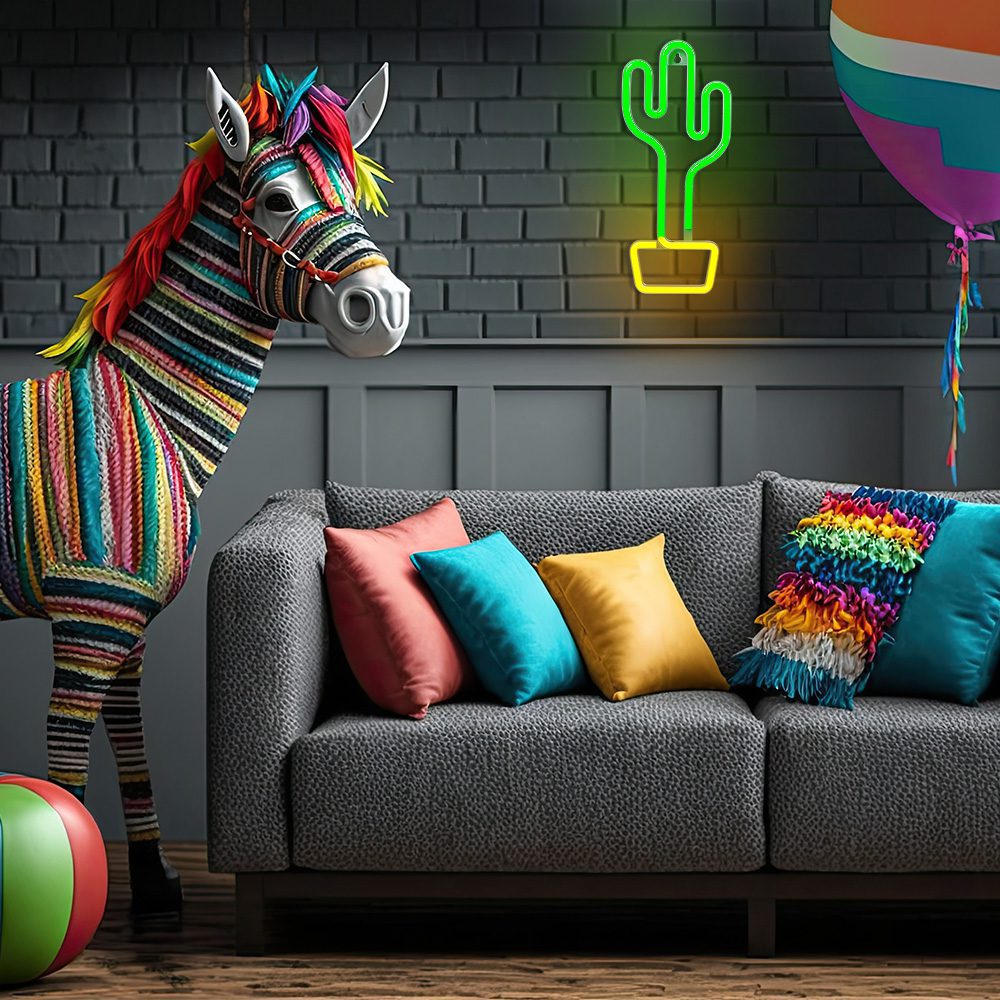 Interior of stylish living room with sofa and Mexican pinata decorated for Birthday party. Generative AI Neon LED Light CACTUS orange green Bat + USB FLNE02 Forever Light