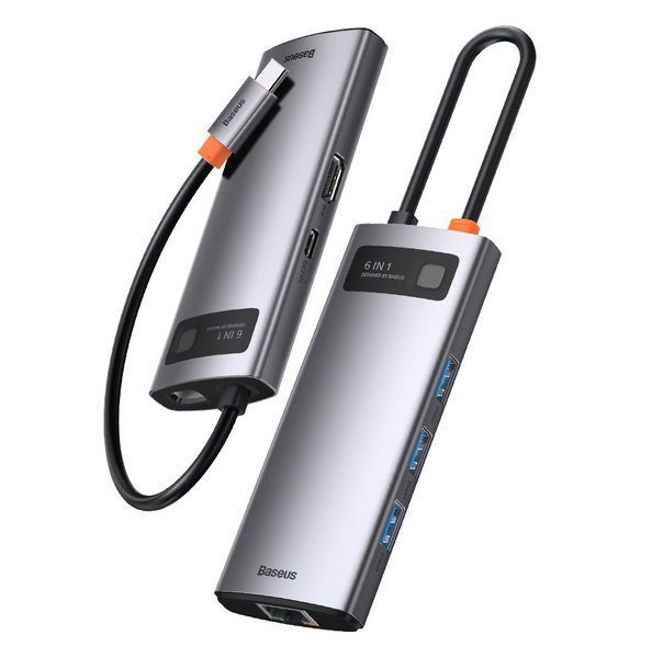 Baseus Metal Gleam Series 6-in-1 Multifunctional Type-C HUB Docking Station Gray(Type-C to HDMI*1+USB3.0*3+PD*1+RJ45*1)