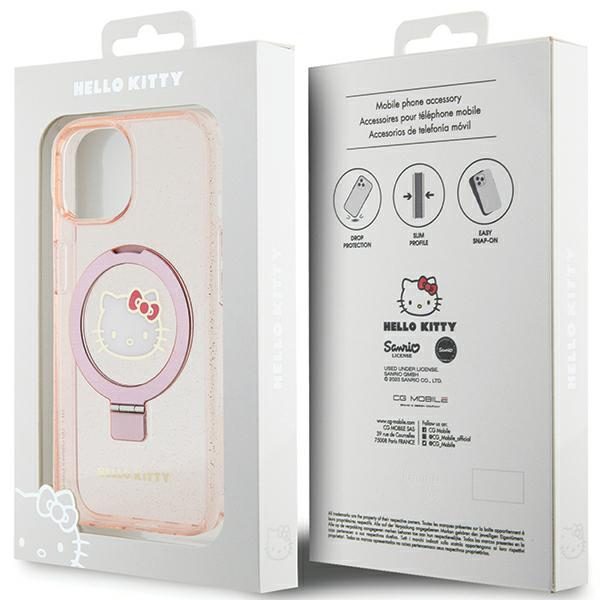 Hello Kitty case for iPhone 15 / 14 / 13 6,1" pink hardcase Ring Stand Glitter Electrop Logo MagSafe