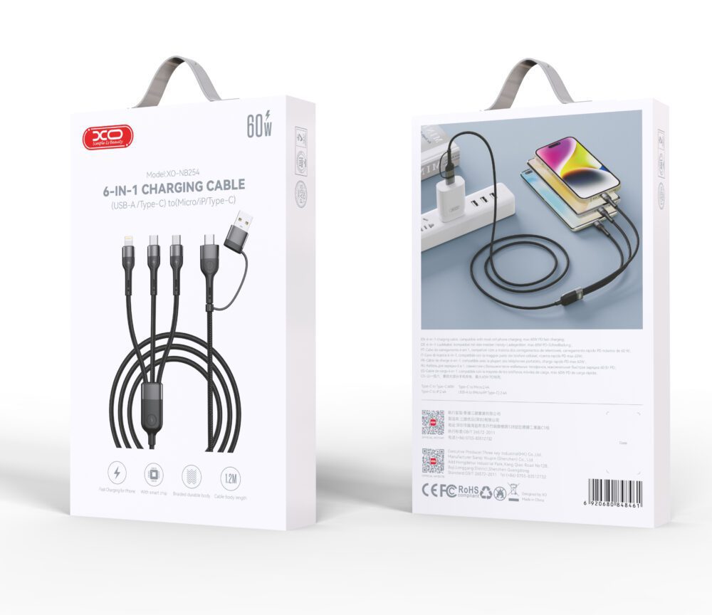 XO cable NB254 6in1 USB - USB-C + USB-C + microUSB + Lightning 1,2m black