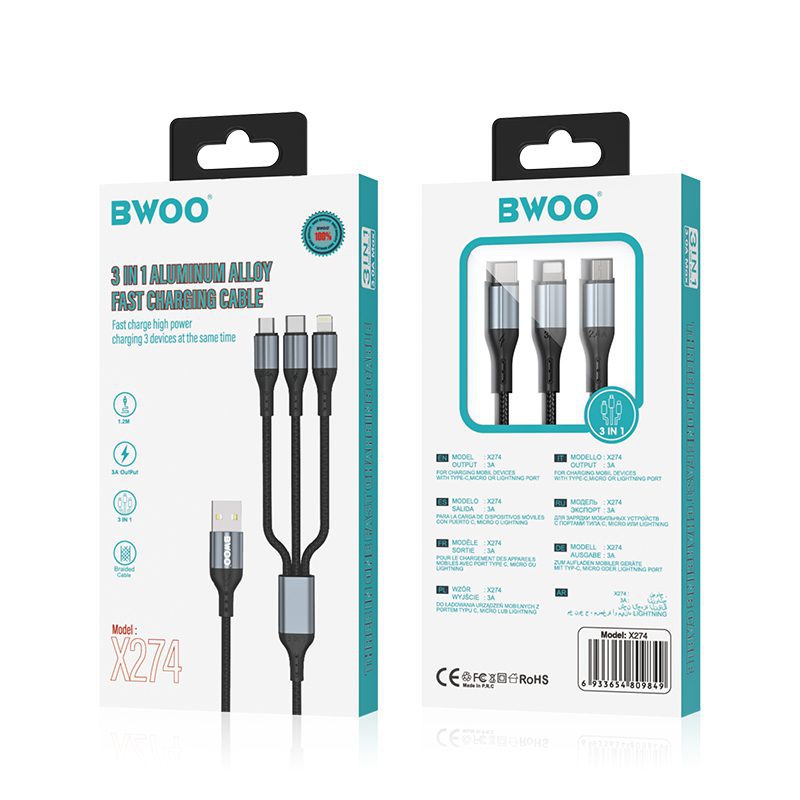BWOO 3-in-1 Cable USB - USB-C, Lightning, Micro USB 1m 3A X274 black