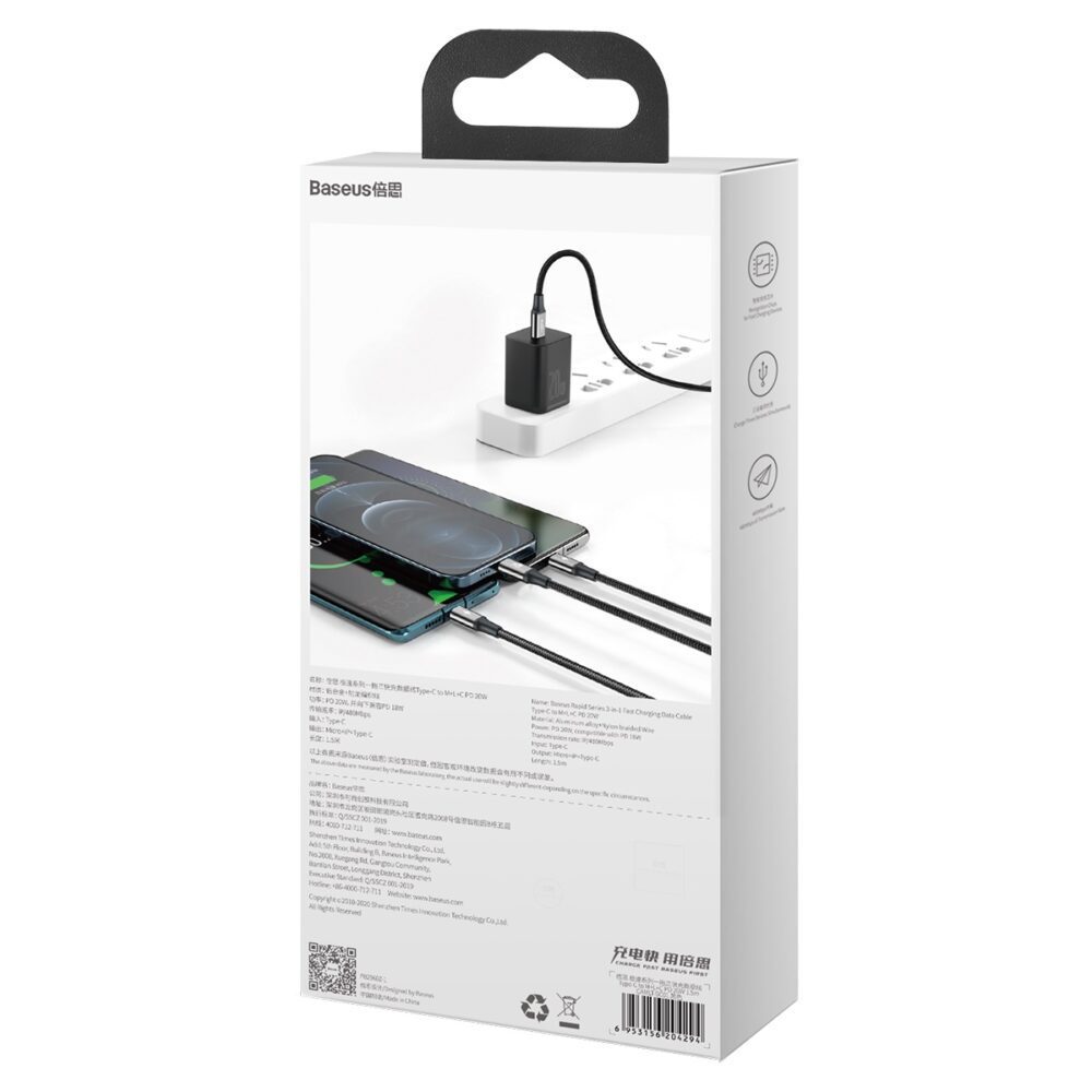 Baseus cable 3in1 Rapid PD USB-C - micro USB + Lightning + USB-C 1,5m black 20W