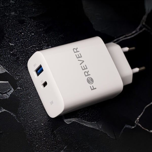 400020_oryg Forever TC-07-30AC PD QC charger 1x USB-C 1x USB 30W white + USB-C - USB-C cable 60W