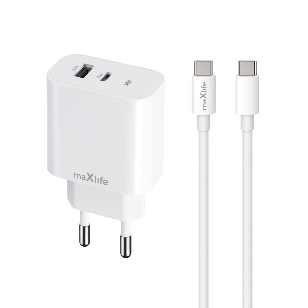 Maxlife MXTC-06-30AC PD QC charger 1x USB-C 1x USB 30W white + USB-C - USB-C cable 60W