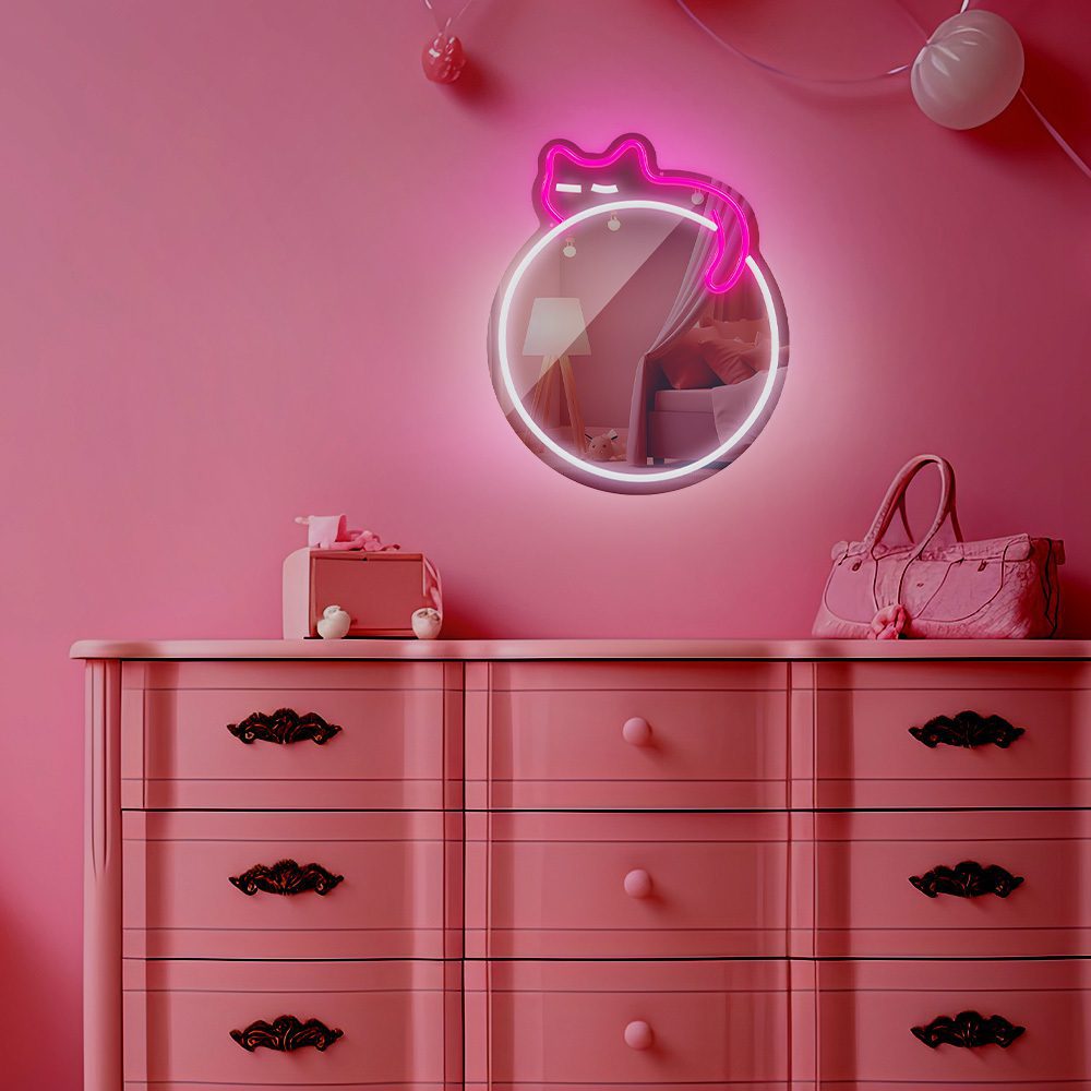Neon MIRROR LED SLEEPING CAT white pink FMNE03 Forever Light