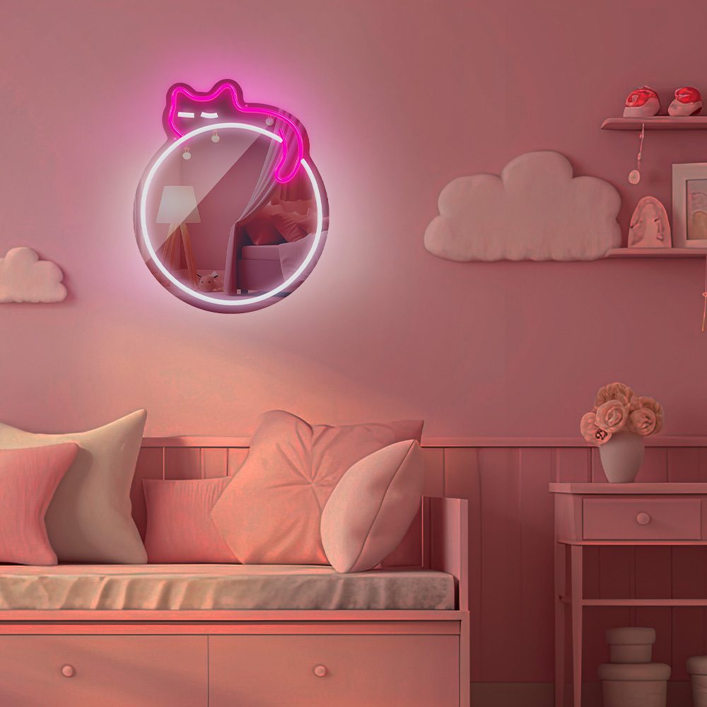 Neon MIRROR LED SLEEPING CAT white pink FMNE03 Forever Light