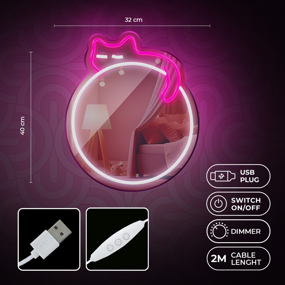 Neon MIRROR LED SLEEPING CAT white pink FMNE03 Forever Light