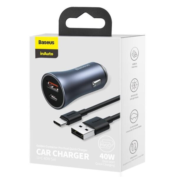 Baseus car charger Golden Contactor Pro 1x USB 1x USB-C QC 40W black + cable USB - USB-C 5A