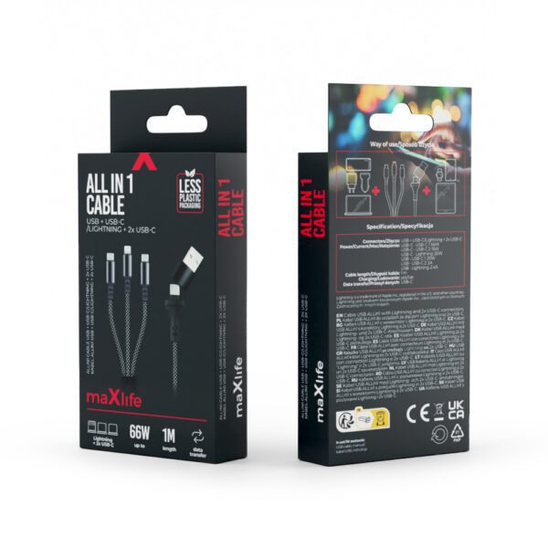 Maxlife ALLin1 cable USB + USB-C - Lightning + 2x USB-C 1,0 m 66W black
