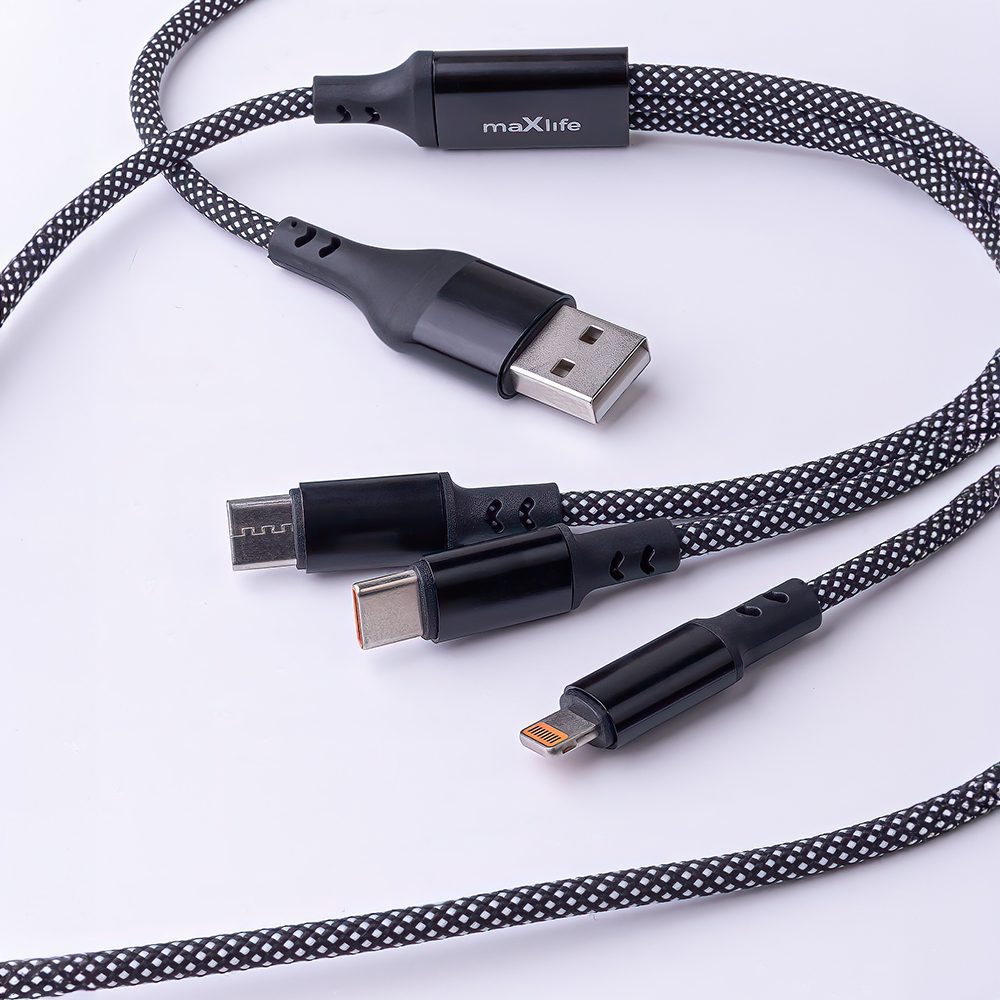 Maxlife ALLin1 cable USB + USB-C - Lightning + 2x USB-C 1,0 m 66W black